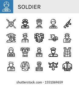 soldier icon set. Collection of Officer, Spear, Policeman, Soldier, Assault rifle, Camouflage, Armour, Chariot, Armor, Bulletproof vest, Pilot, Uniform, Viking helmet, Firefighter uniform icons