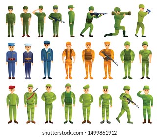 Soldier icons set. Cartoon set of soldier vector icons for web design