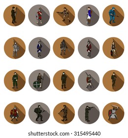 Soldier icons set in flat design with long shadow. Illustration EPS10