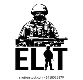 Soldier image silhouette and text ELIT, design icon, movie title, free design.