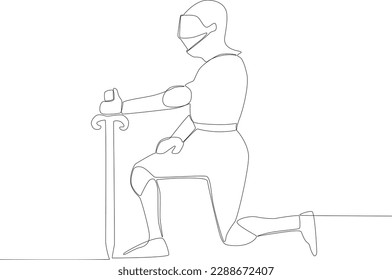 A soldier kneeling while holding a sword. Ancient warrior one-line drawing