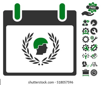 Soldier Laurel Wreath Calendar Day icon with bonus configuration icon set. Vector illustration style is flat iconic symbols, green and gray, white background.