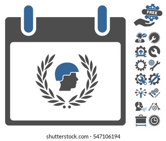 Soldier Laurel Wreath Calendar Day pictograph with bonus settings images. Vector illustration style is flat iconic symbols, cobalt and gray, white background.