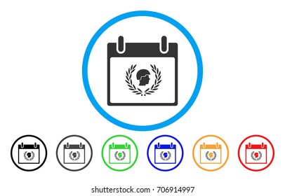 Soldier Laurel Wreath Calendar Day vector rounded icon. Image style is a flat gray icon symbol inside a blue circle. Additional color variants are gray, black, blue, green, red, orange.