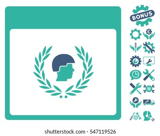 Soldier Laurel Wreath Calendar Page pictograph with bonus setup tools symbols. Vector illustration style is flat iconic symbols, cobalt and cyan, white background.