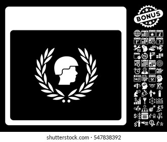 Soldier Laurel Wreath Calendar Page pictograph with bonus calendar and time management clip art. Vector illustration style is flat iconic symbols, white, black background.