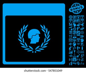 Soldier Laurel Wreath Calendar Page icon with bonus calendar and time management images. Vector illustration style is flat iconic symbols, blue, black background.