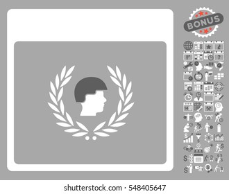 Soldier Laurel Wreath Calendar Page icon with bonus calendar and time management pictures. Vector illustration style is flat iconic symbols, dark gray and white, silver background.