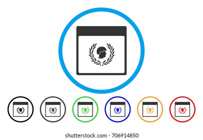 Soldier Laurel Wreath Calendar Page vector rounded icon. Image style is a flat gray icon symbol inside a blue circle. Bonus color versions are grey, black, blue, green, red, orange.