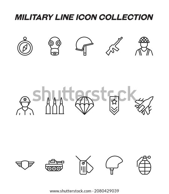 Soldier line icon collection. Set\
of modern high quality military line icons. Editable stroke.\
Premiul linear symbols of compass, gun, helmet, gus mask etc\
\

