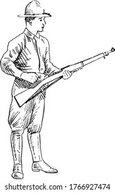 The soldier loading his rifle, with the right hand he turns and draws the bolt back, vintage line drawing or engraving illustration 
