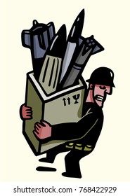 soldier loads a crate full of rockets