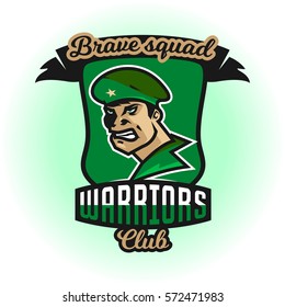 Soldier Logo. The emblem of a military man in uniform and beret. Defender of the Fatherland, the warrior, the border guard. Badges shield, lettering. Vector illustration.