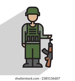 soldier man with assault rifle, linear, vector illustration