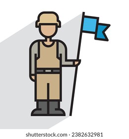 soldier man with flag icon, linear, vector illustration