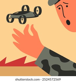 Soldier Man operating of flying drone. Modern technology army military. Flat vector illustration in cartoon style.