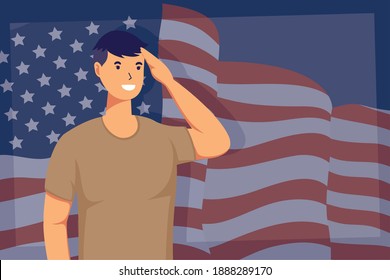 soldier man professions with usa flag background vector illustration design