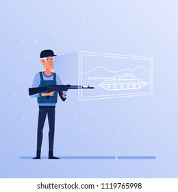 Hombre soldado en gafas de auriculares VR con elementos de interfaz de hud virtual que simbolizan nuevos entrenamientos de soldados de olas. Concepto de capacitación moderna operada por herramientas de realidad virtual. Ilustración plana vectorial.