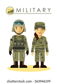 Soldier Man And Woman In Military Camouflage Uniform Isolated On White Background In Flat Style