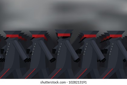 The soldier of the marching army looks at the viewer. Vector illustration