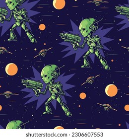 Soldier martian pattern seamless colorful with funny alien using blaster to defend against space invaders vector illustration