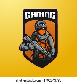 vector de diseño de logotipo de mascota soldado con el estilo de concepto de ilustración moderno para impresión de insignias, emblemas y camisetas. ilustración del ejército para el equipo deportivo y de deportes electrónicos.
