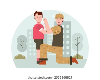 Soldier meets his son on off duty, happy and excited moment. Character design. Vector flat illustration