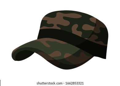 Soldier military cap isolated on white background. Headwear clothing accessory item. Army ammunition camouflage hat. Uniform object design template. Clothing for head. Vector illustration