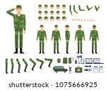 Soldier in military clothing creation kit. Create your own pose, action, animation. Various emotions, gestures, design elements. Flat design vector illustration