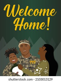 Soldier, military returning home. Happy husband and father hugging their wife and son, vector illustration. Family portrait.