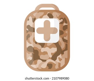 Soldier military sandy desert khaki camouflage first-aid kit or bag. Military concept for army, soldiers and war. Vector cartoon isolated illustration.