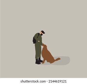 Soldier with military working dog that was used for security. The dog's ability to detect violations. Vector cartoon