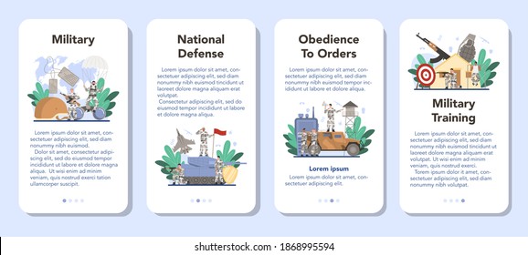 Juego de banner de aplicación móvil de soldado. Empleado de la fuerza militar camuflado con un arma. Equipo militar y tecnología. Estrategia y táctica de guerra. Ilustración vectorial plana aislada