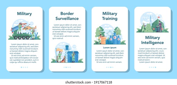 Soldier mobile application banner set. Millitary force employee in camouflage with a weapon. Military training with a equipment and technology. Border surveillance. Isolated flat vector illustration