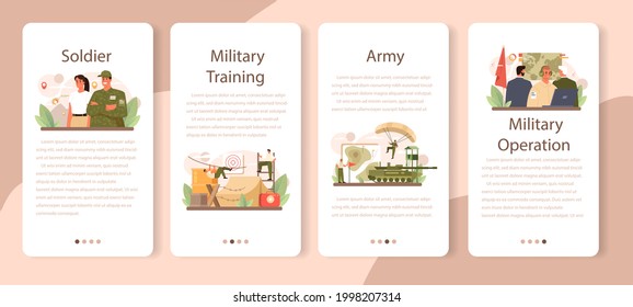 Soldier mobile application banner set. Millitary force employee in camouflage with a weapon. Army equipment and technology. War strategy and tactic. Isolated flat vector illustration