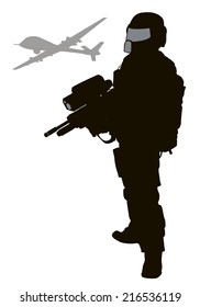 Soldier with modern weapon and drone. Vector silhouette