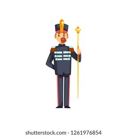 Soldier musical conductor with vestibule, member of army military band vector Illustration on a white background