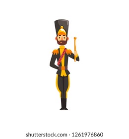Soldier musical conductor with vestibule, member of army military band in black uniform vector Illustration on a white background