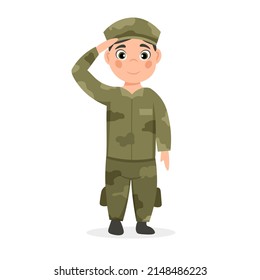 Soldier officer in camouflage uniform. Smiling boy in uniform. Cartoon vector illustration.
