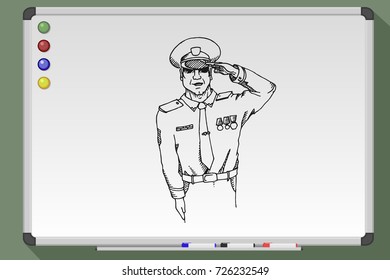 Soldier, officer, captain, policeman saluting on whiteboard. Hand drawn vector stock illustration.