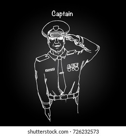 Soldier, officer, captain, policeman saluting. Hand drawn vector stock illustration. Chalk board drawing