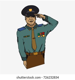 Soldier, officer, captain, policeman saluting. Hand drawn vector stock illustration.