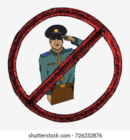 Soldier, officer, captain, policeman saluting in red sign. Hand drawn vector stock illustration.