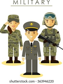 Soldier and officer man and woman in different military camouflage uniform in flat style isolated on white background