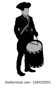 Soldier in old uniform with big drum on white background