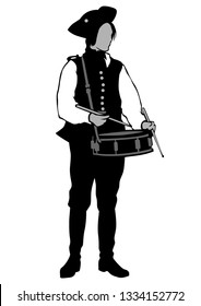 Soldier in old uniform with big drum on white background