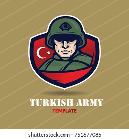 Soldier on the background of the shield and the Turkish flag. Vector illustration