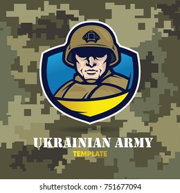 Soldier on the background of the shield and the Ukrainian flag. Vector illustration