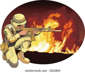 The soldier on a background of storming fire. A vector.