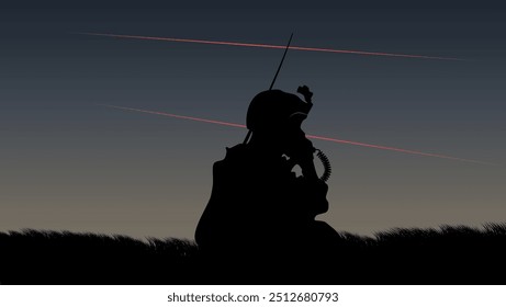 Un soldado en el campo de batalla transmite coordenadas a través de la radio, ilustración a color plano